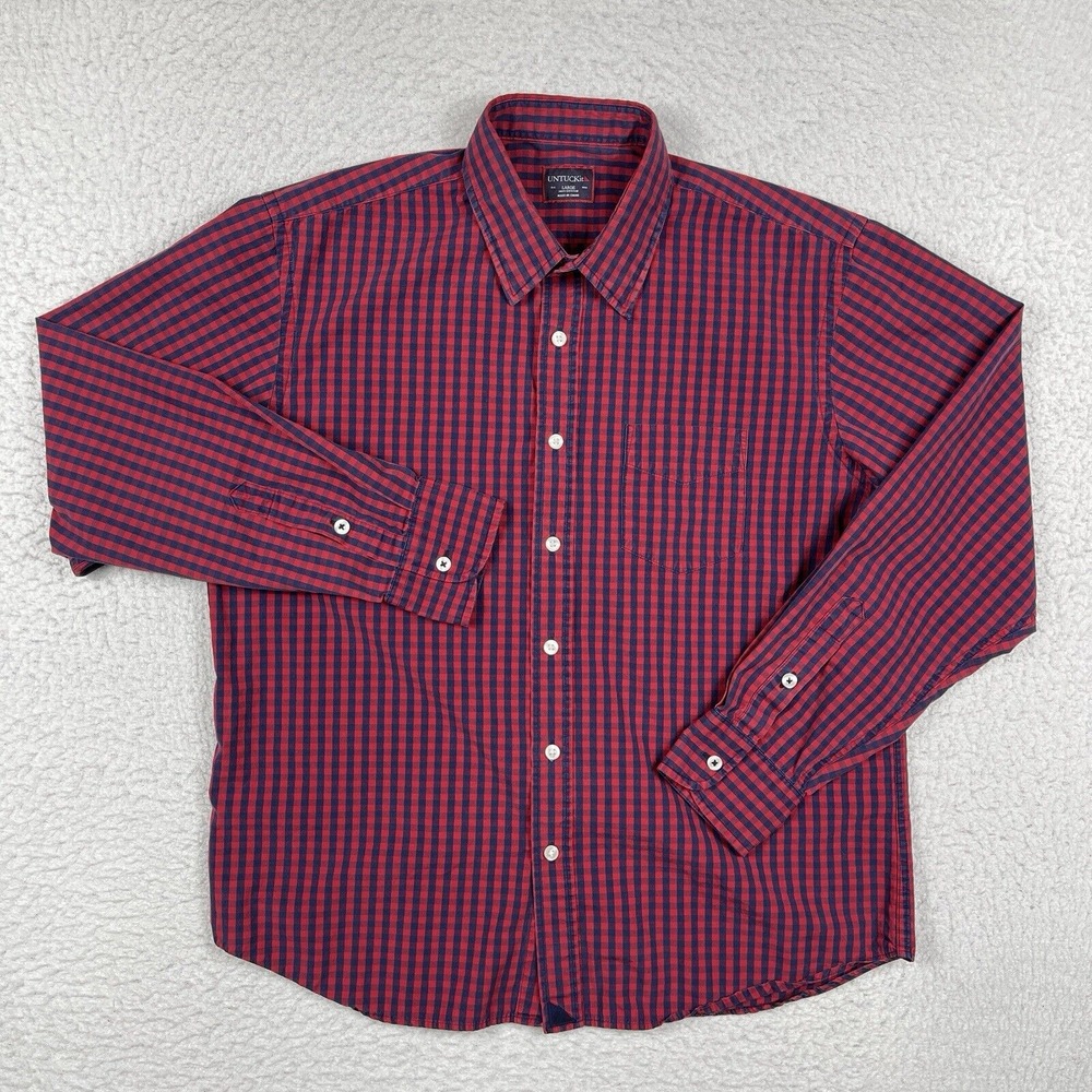 Untuckit Shirt Mens Large Red Blue Plaid Office Career Preppy Corporate Work